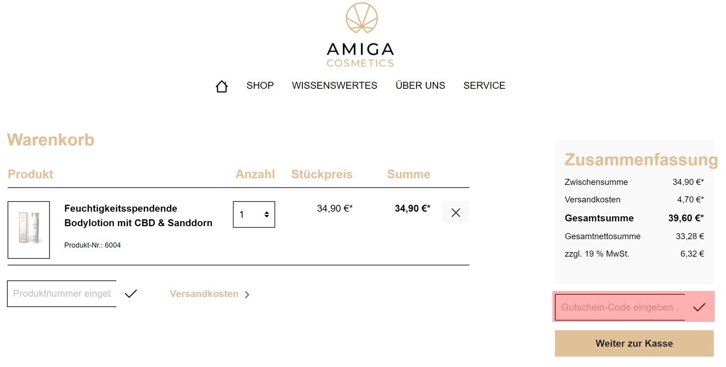 wie ist ein amiga cosmetics Gutscheincode einzulösen