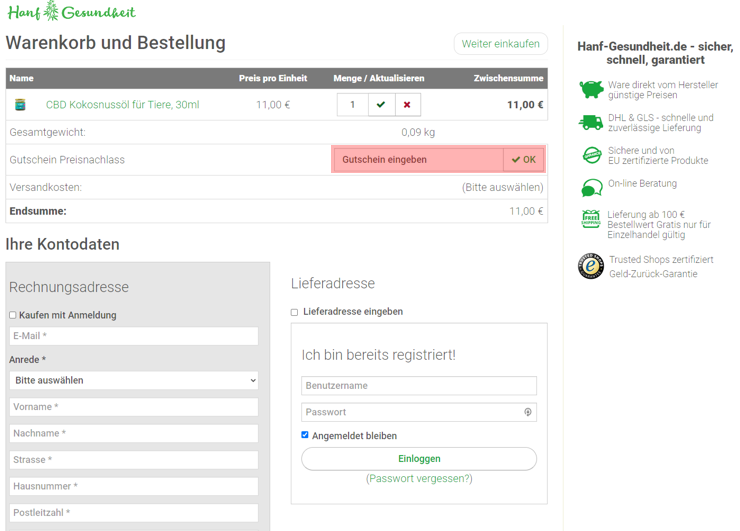 wie ist ein hanfgesundheit Gutscheincode einzulösen
