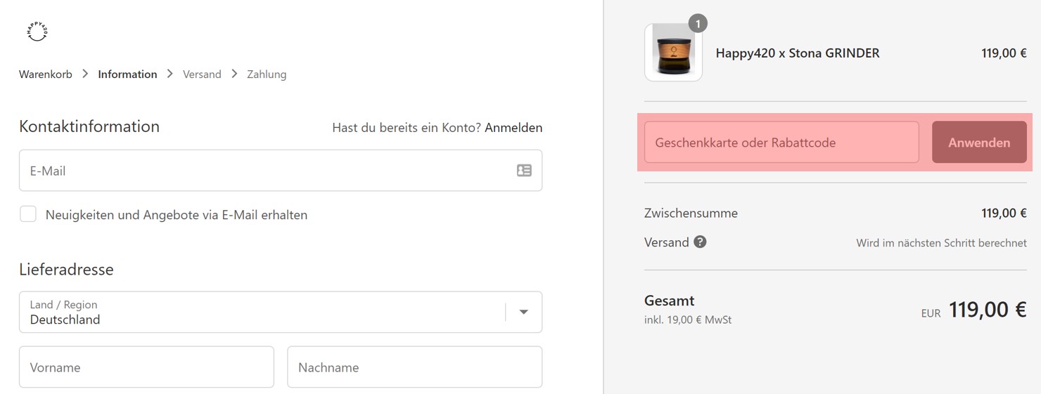 wie ist ein happy420 Gutscheincode einzulösen