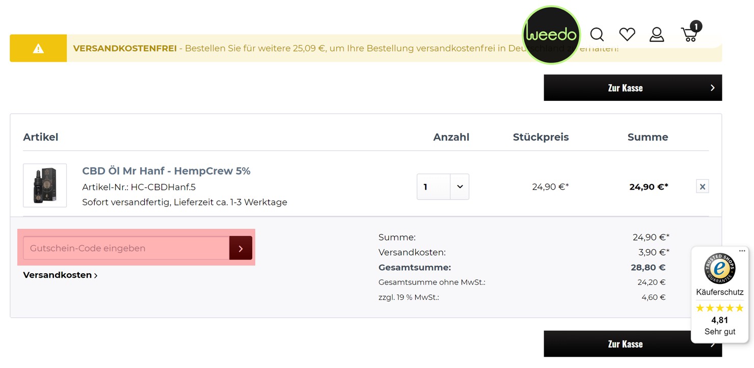 wo muss ein weedo Gutscheincode eingeloest werden