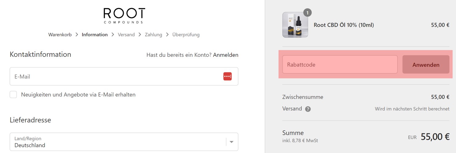 wie ist ein Root Compounds Gutscheincode einzulösen