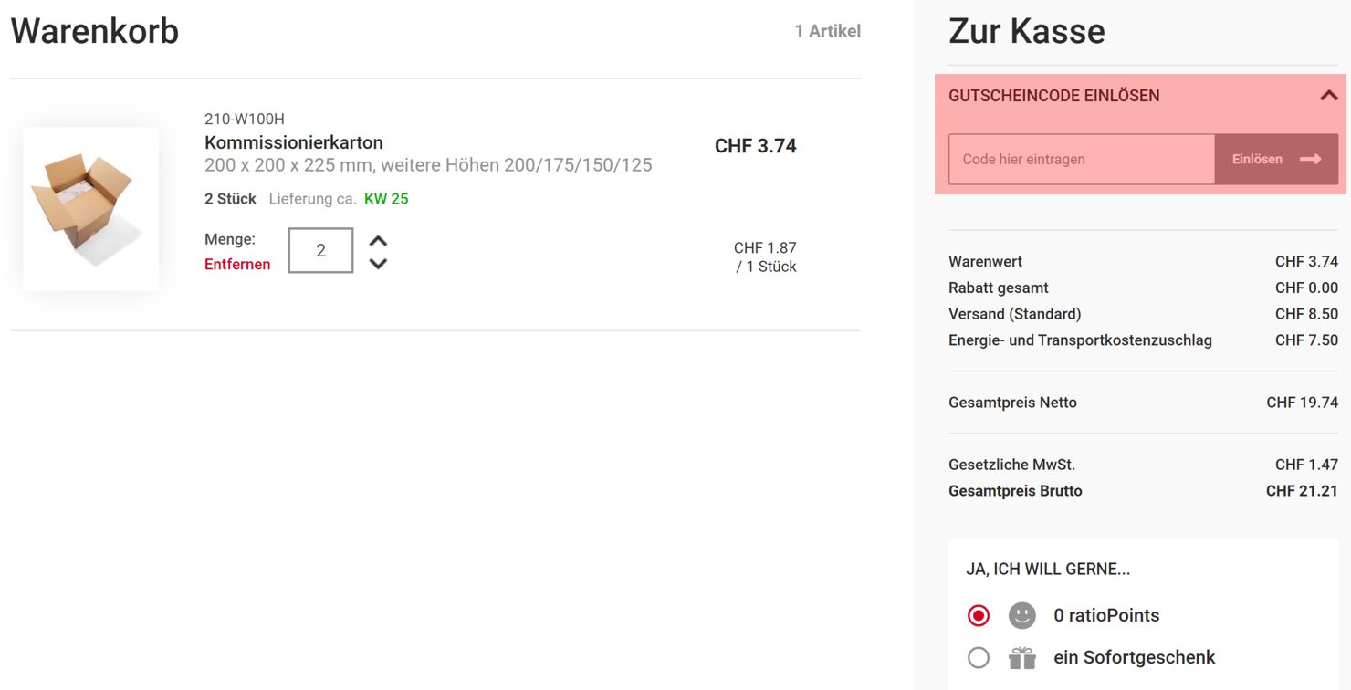 wie ist ein ratioform Gutscheincode einzulösen