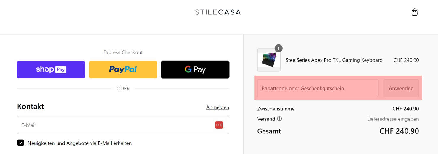 wie ist ein Stilecasa Gutscheincode einzulösen