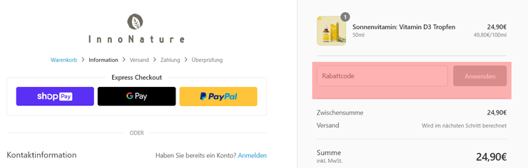 wie ist ein Inno Nature Gutscheincode einzulösen
