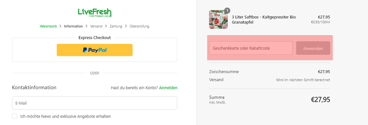 wie ist ein LiveFresh Gutscheincode einzulösen