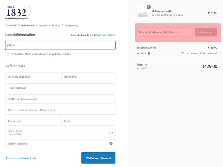 wie ist ein Seit1832 Gutscheincode einzulösen