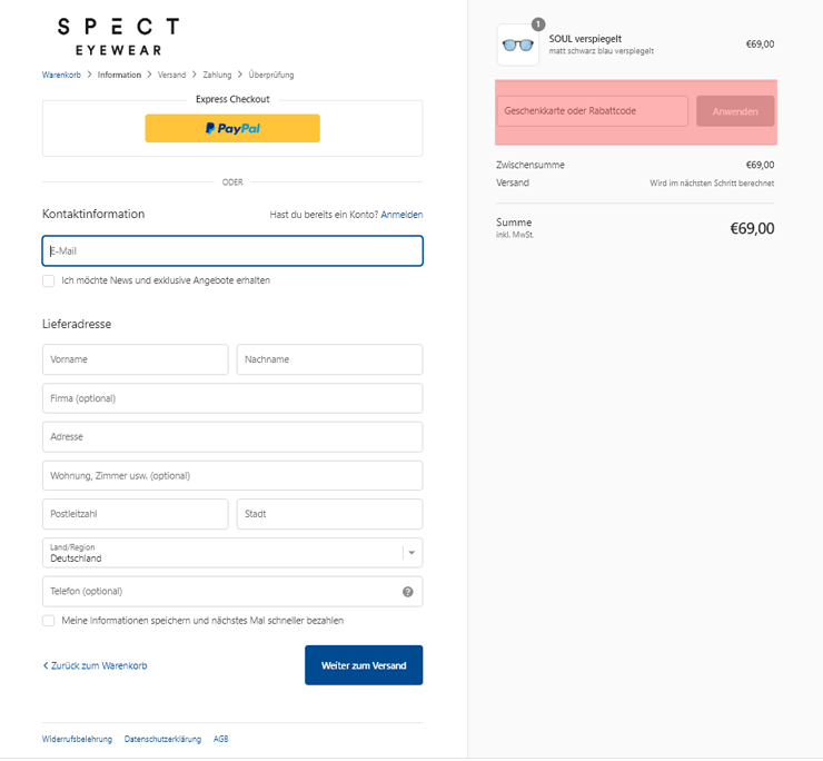 wie ist ein Spect eyewear Gutscheincode einzulösen