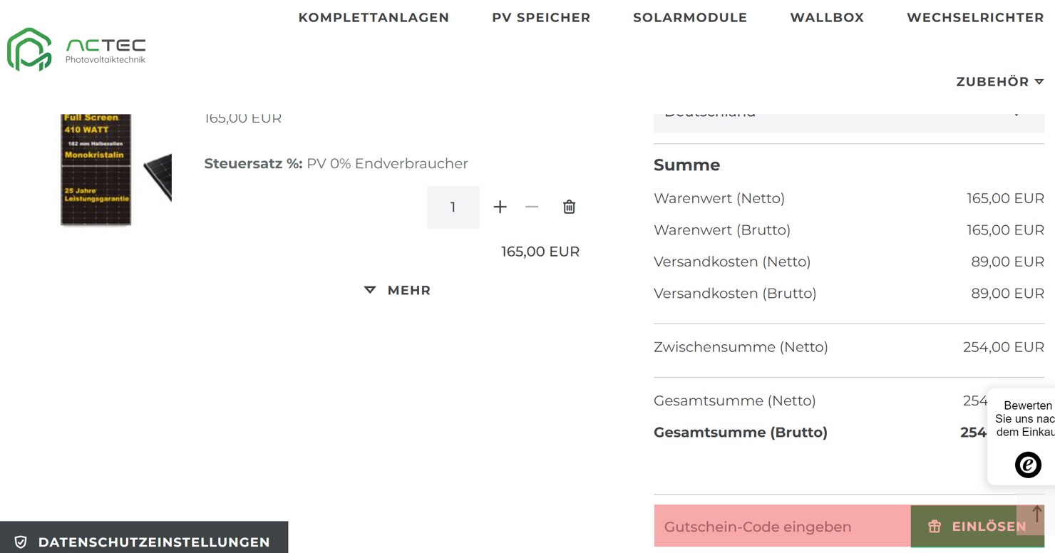 wie ist ein Actec solar Gutscheincode einzulösen