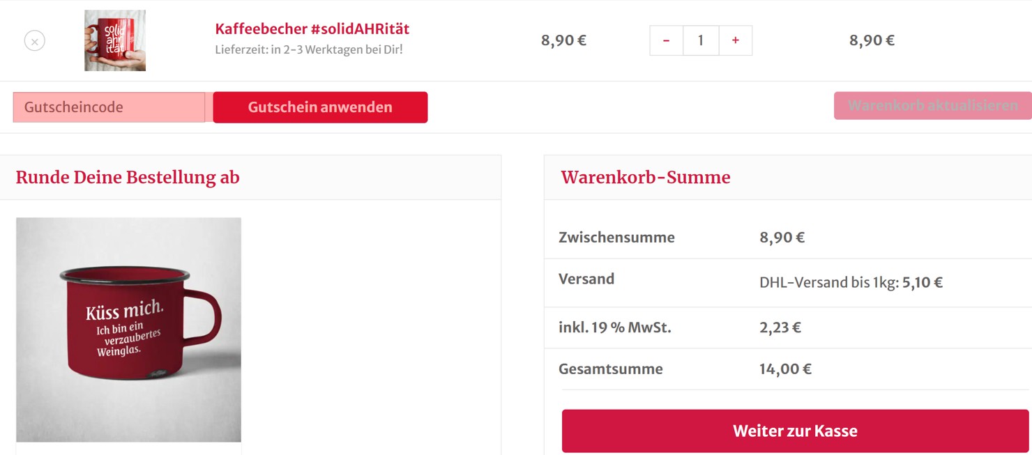 wie ist ein Ahrtal - Onlineshop Gutscheincode einzulösen