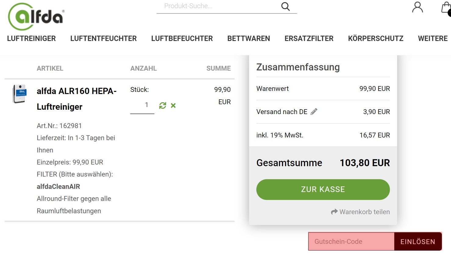 wie ist ein Alfda Gutscheincode einzulösen