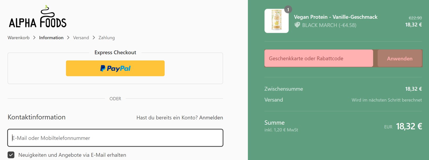 wie ist ein Alpha Foods Gutscheincode einzulösen