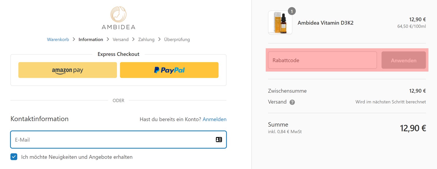 wie ist ein ambidea Gutscheincode im Shop einzulösen