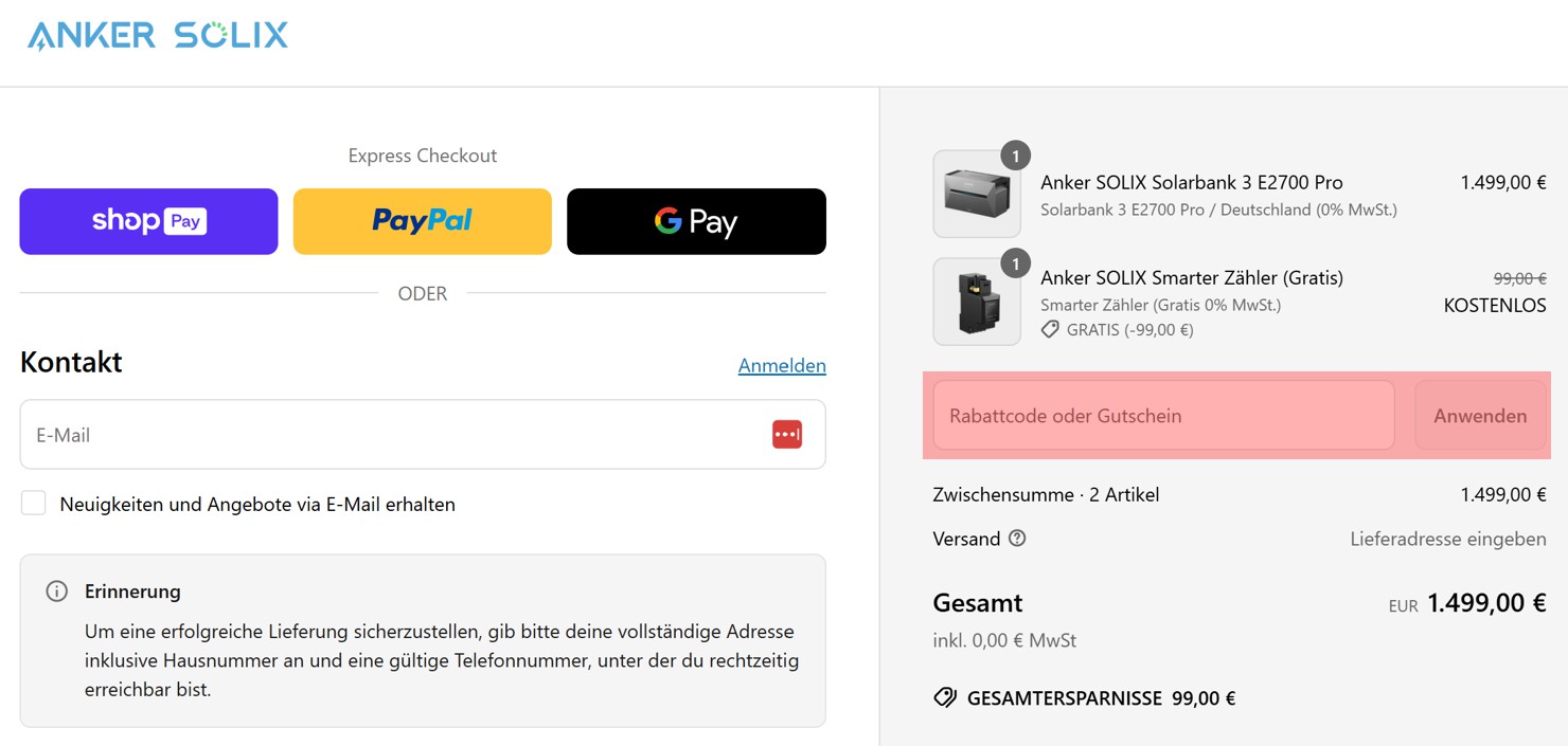 wie ist ein Anker Solix Gutscheincode einzulösen
