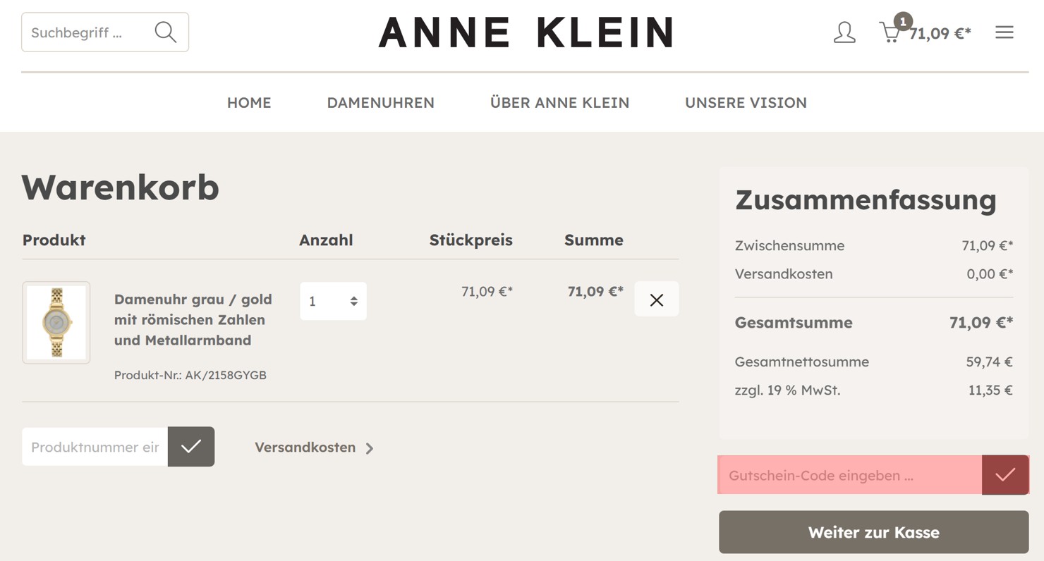 wie ist ein Anne Klein Gutscheincode einzulösen