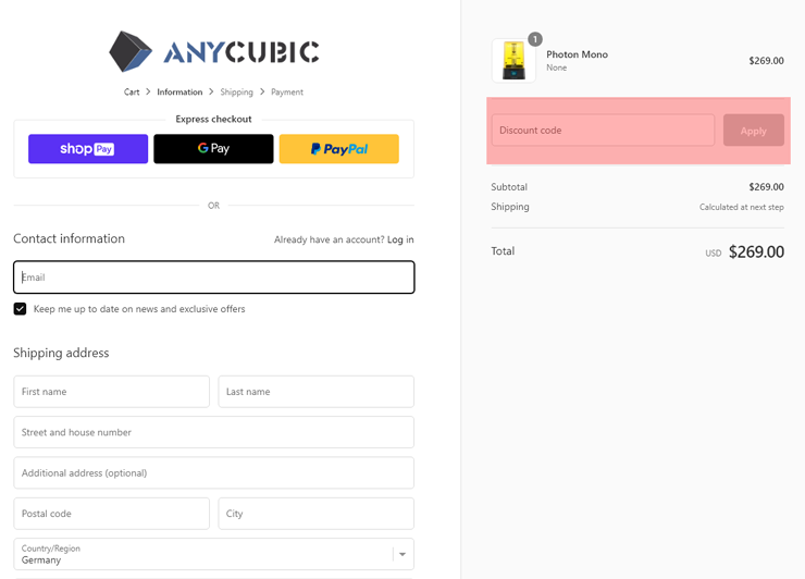 wie ist ein Anycubic  Gutscheincode einzulösen