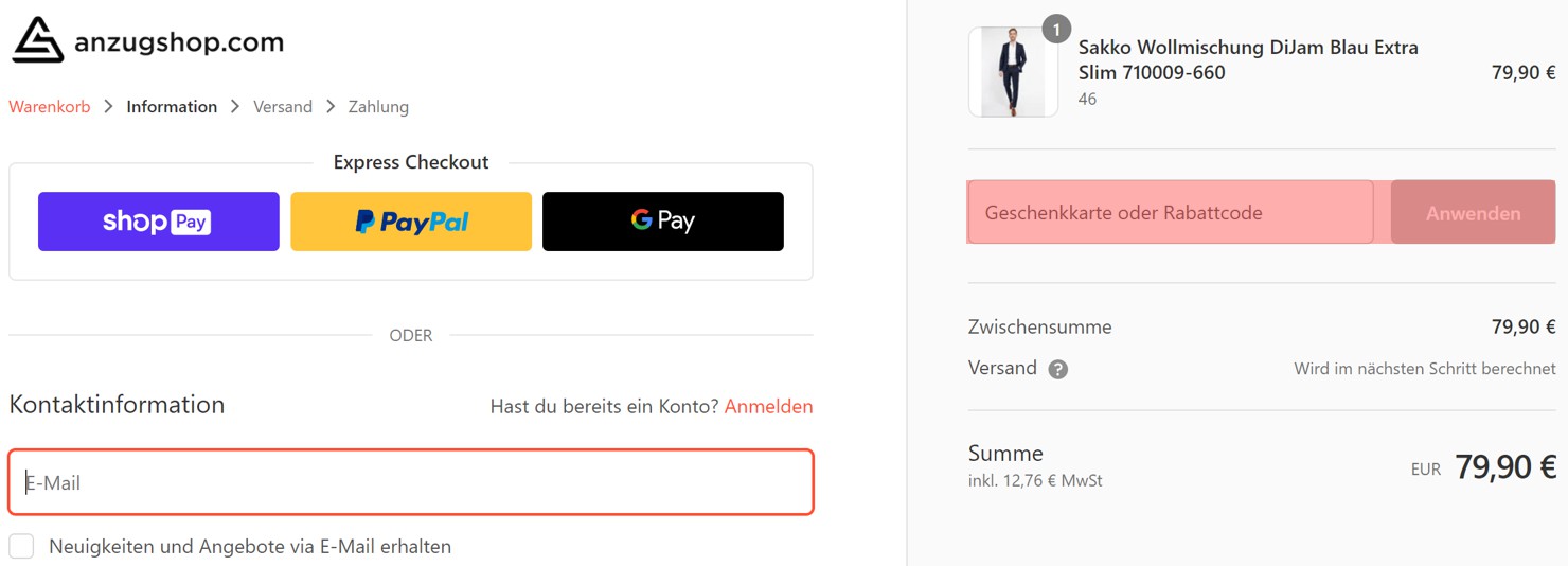 wie ist ein Anzugshop Gutscheincode einzulösen