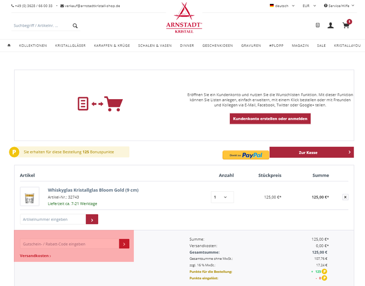 wie ist ein Arnstadt Kristall Gutscheincode einzulösen