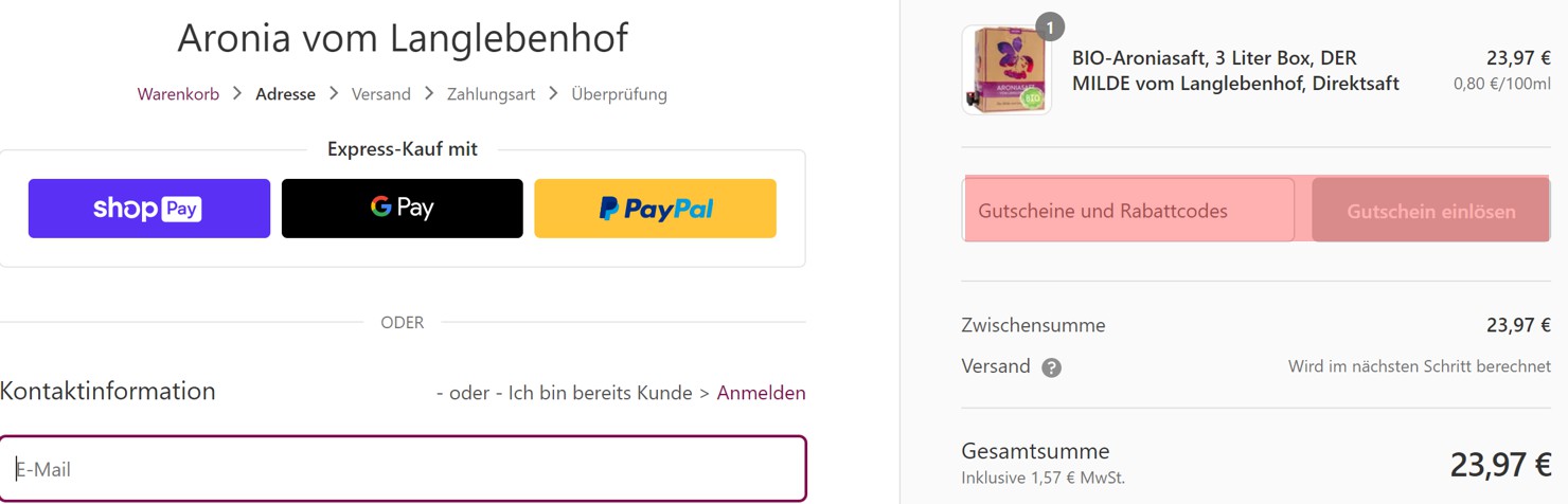 wie ist ein Aronia Vom Langlebenhof Gutscheincode einzulösen