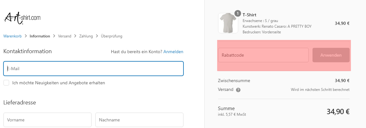 wie ist ein Art-Shirt Gutscheincode einzulösen