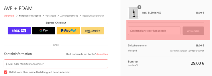 wie ist ein AVE + EDAM Gutscheincode einzulösen