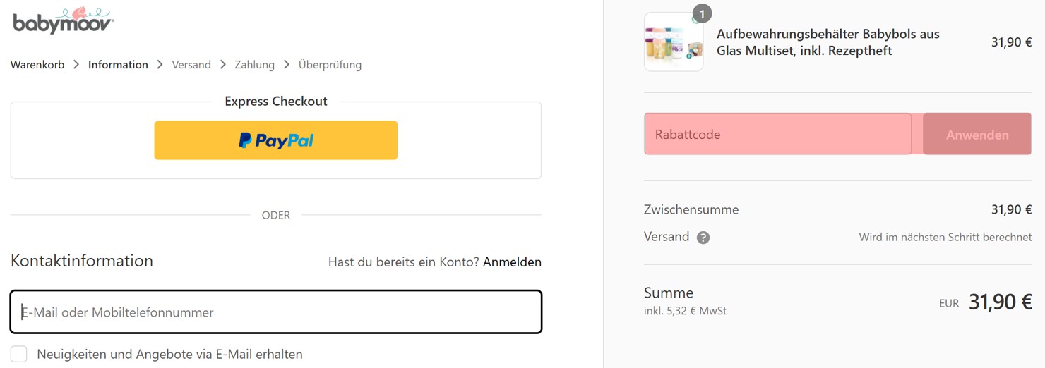 wie ist ein Babymoov Gutscheincode einzulösen