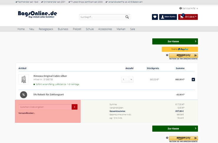 wie ist ein BagsOnline.de Gutscheincode einzulösen
