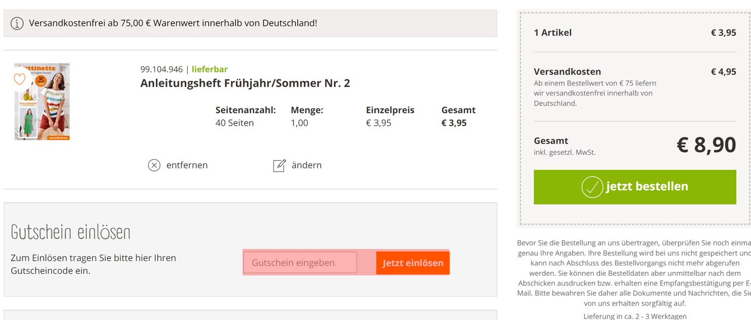 wie ist ein Buttinette Gutscheincode einzulösen