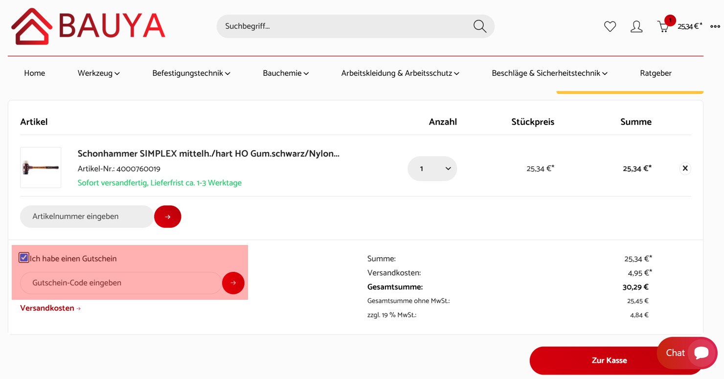 wie ist ein bauya Gutscheincode einzulösen