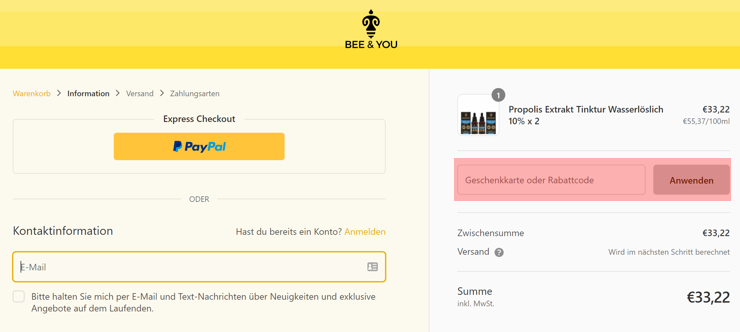 wie ist ein bee and you Gutscheincode einzulösen