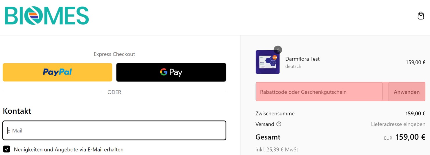 wie ist ein Biomes Mikrobiomtest Gutscheincode einzulösen