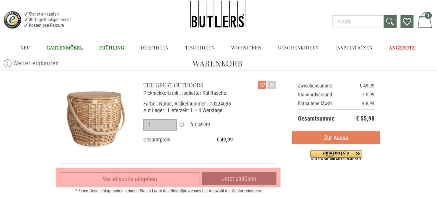 wie ist ein butlers Gutscheincode einzulösen