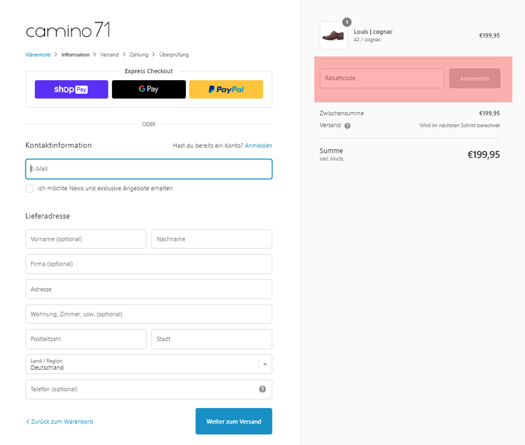 wie ist ein Camino71 Gutscheincode einzulösen