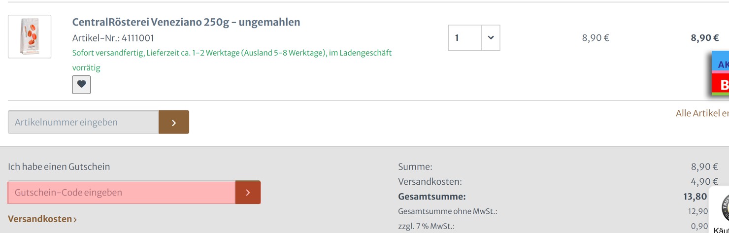 wie ist ein centralRösterei Gutscheincode einzulösen