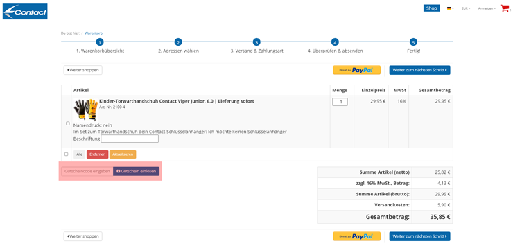 wie ist ein Contact Torwarthandschuhe Gutscheincode einzulösen