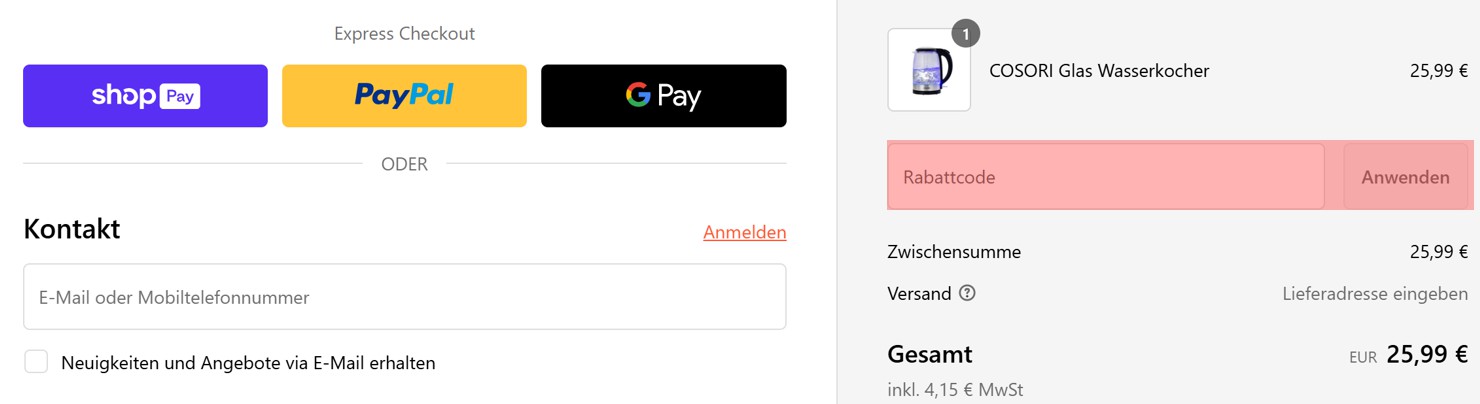 wie ist ein Cosori Gutscheincode einzulösen