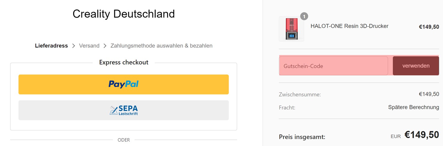 wie ist ein Creality Gutscheincode einzulösen