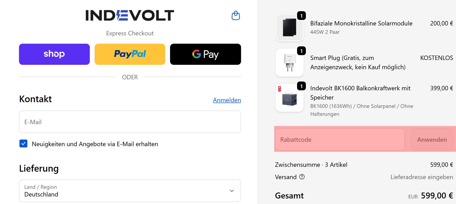 wie ist ein Indevolt Gutscheincode einzulösen