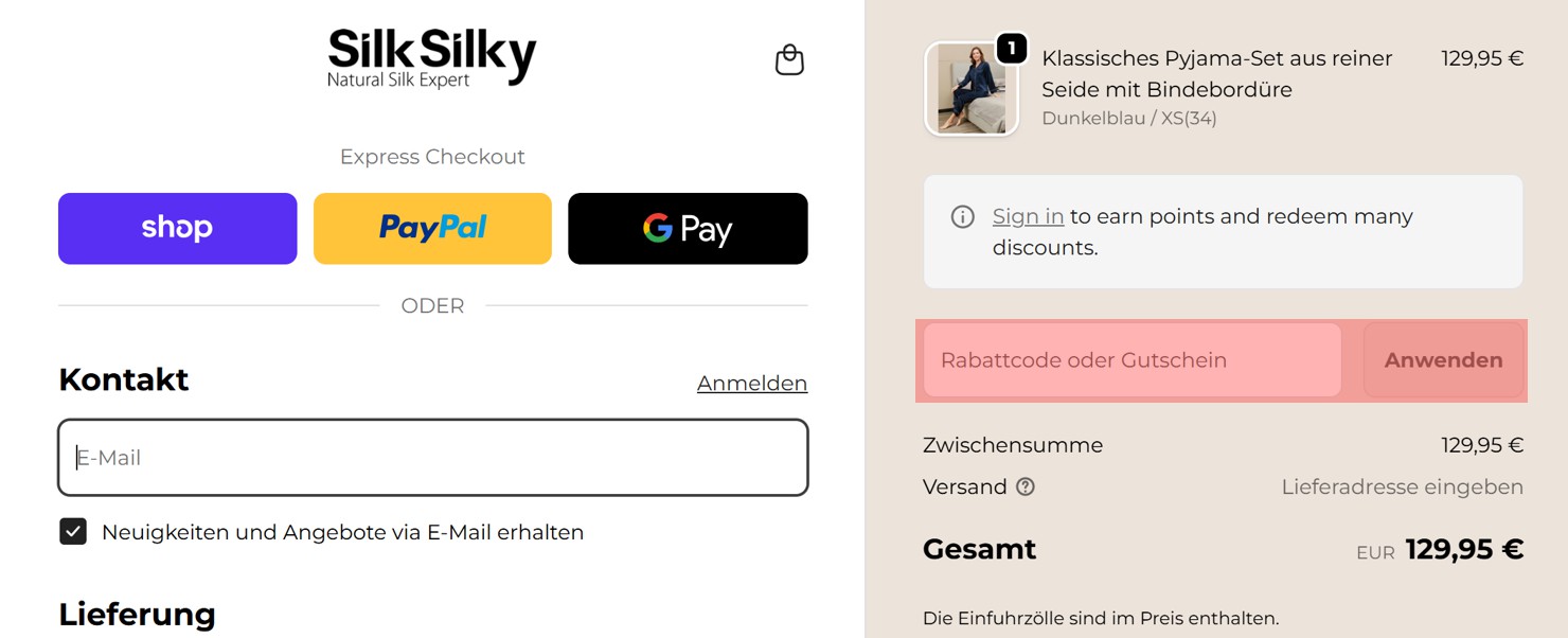 wie ist ein SilkSilky Gutscheincode einzulösen