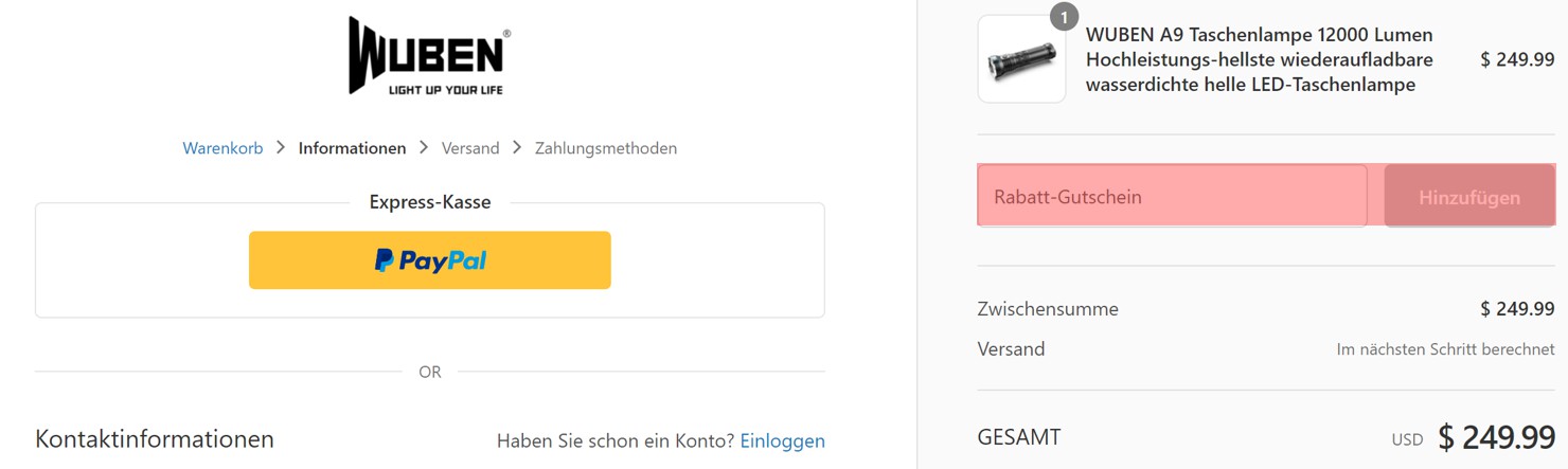 wie ist ein Wuben Light Store Gutscheincode einzulösen