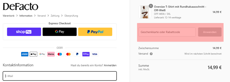 wie ist ein DeFacto Gutscheincode einzulösen