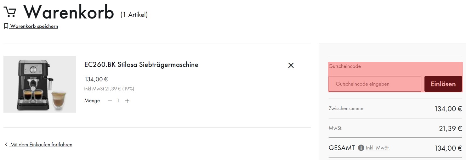 wie ist ein Delonghi Gutscheincode einzulösen