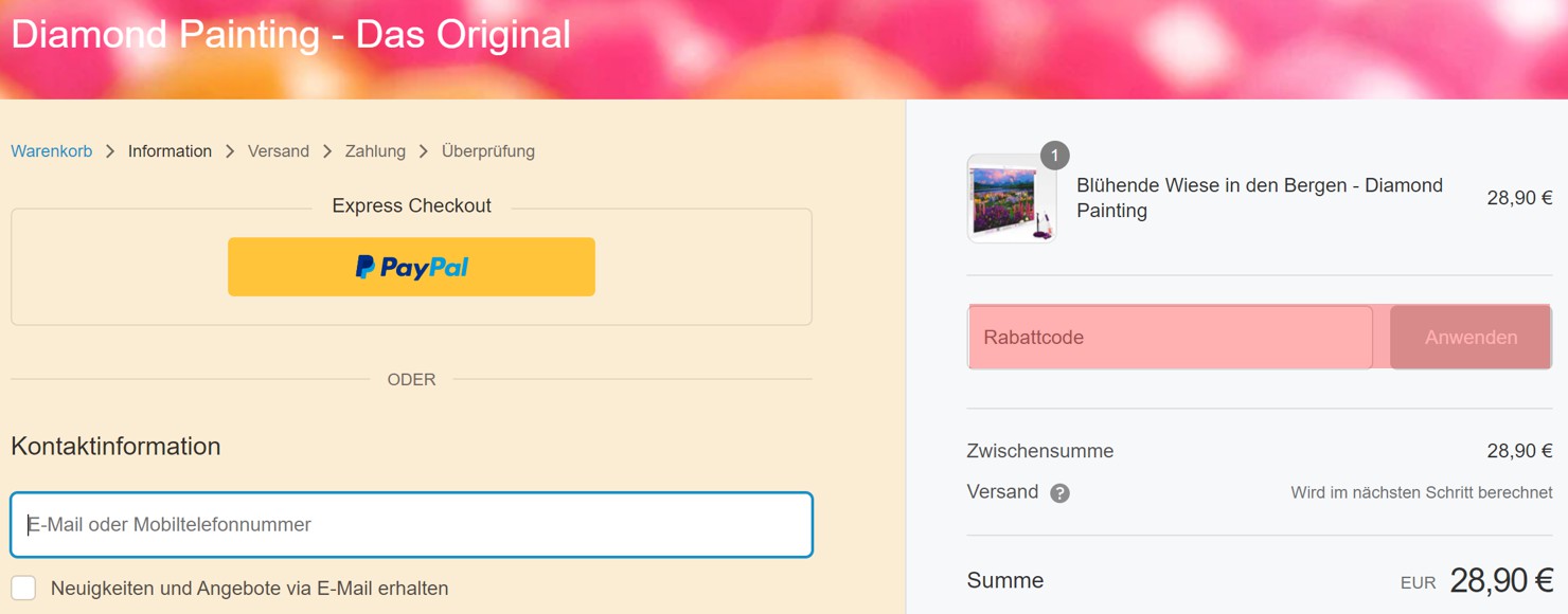 wie ist ein Diamond Painting Gutscheincode einzulösen