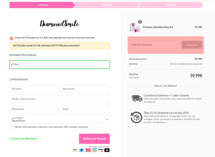 wie ist ein Diamond Smile Gutscheincode einzulösen