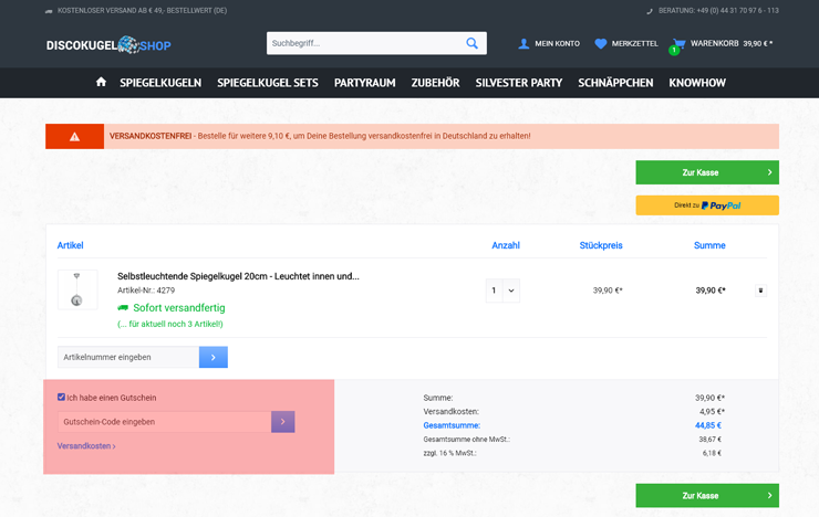 wie ist ein Discokugel Shop Gutscheincode einzulösen