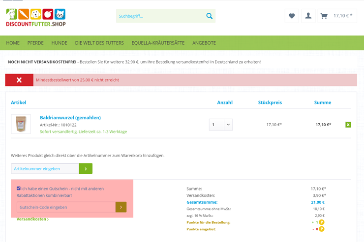wie ist ein Discountfutter.shop Gutscheincode einzulösen
