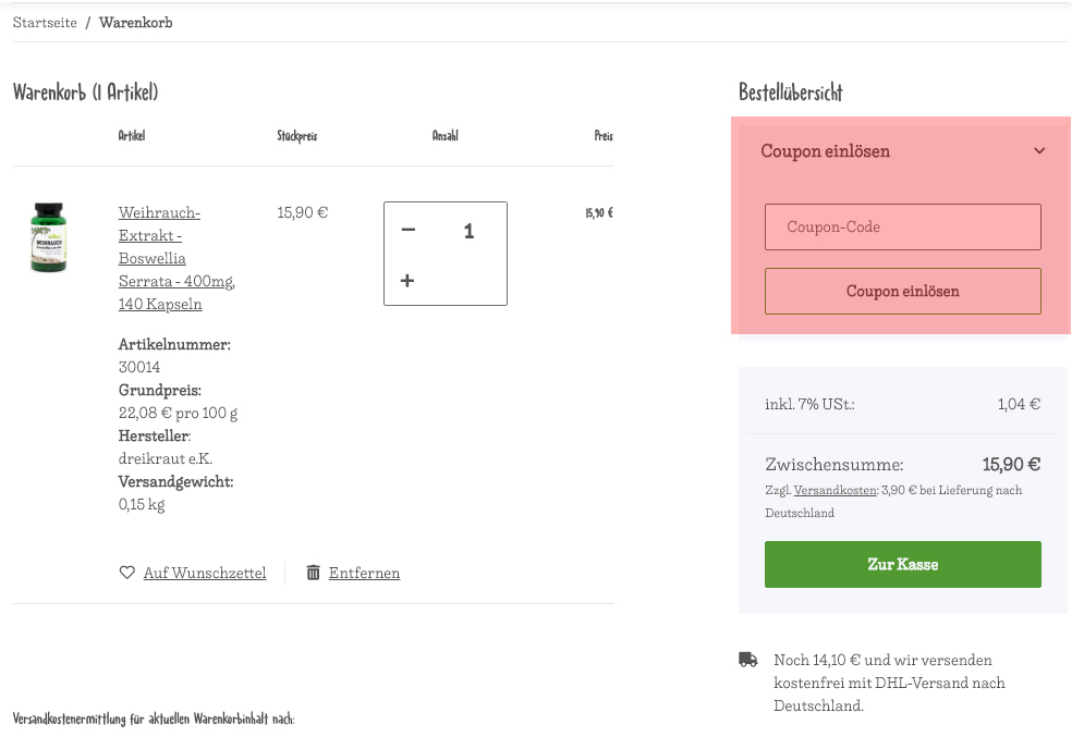 wie ist ein Dreikraut Gutscheincode einzulösen