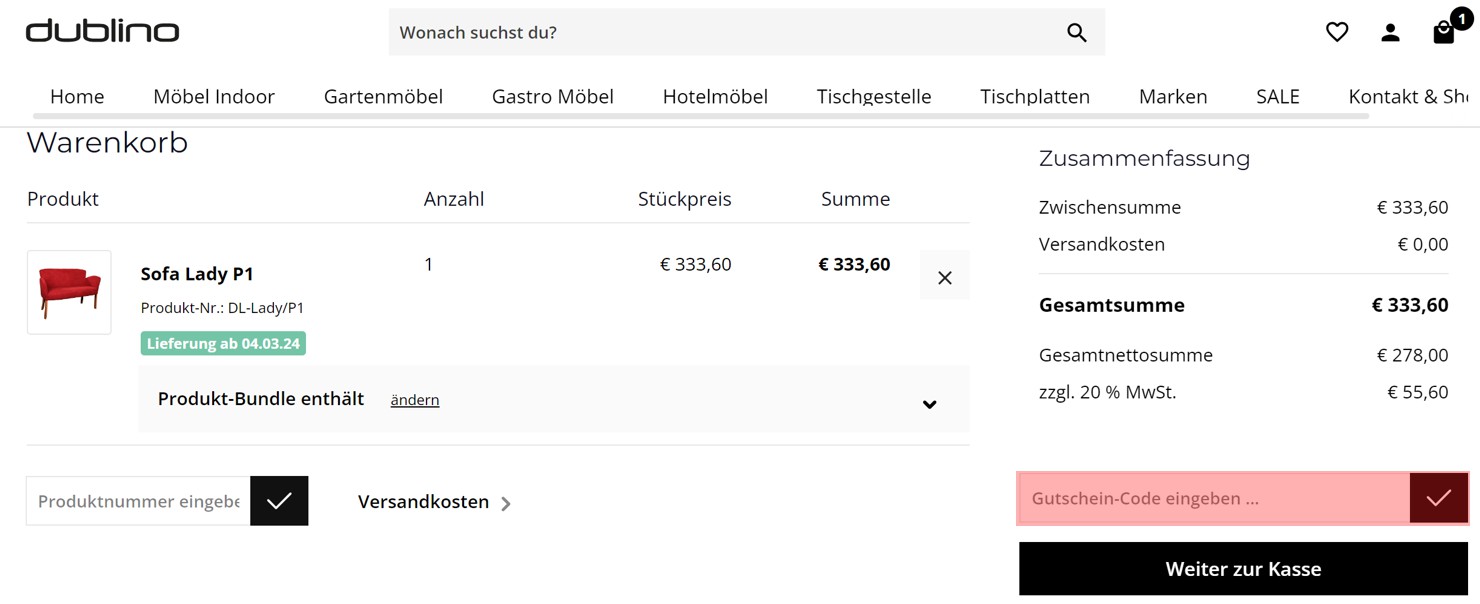 wie ist ein Dublino Möbel  Gutscheincode einzulösen