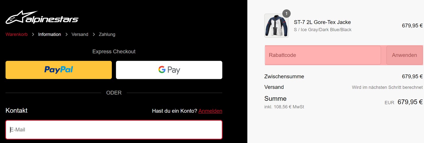 wie ist ein Alpinestars Gutscheincode einzulösen