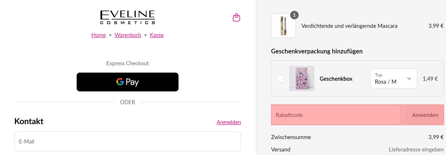 wie ist ein Eveline Cosmetics Gutscheincode einzulösen