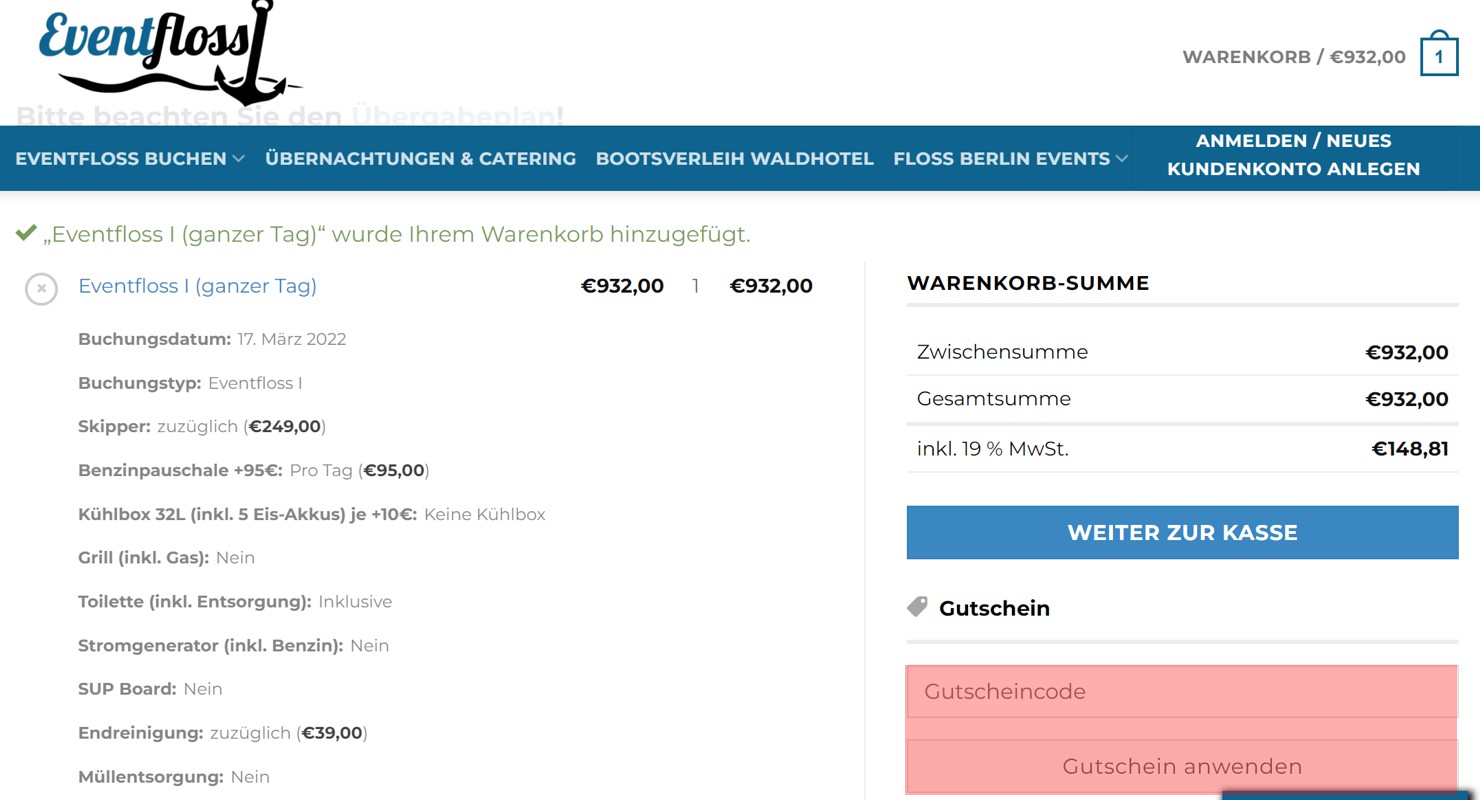 wie ist ein Eventfloss Berlin Gutscheincode einzulösen